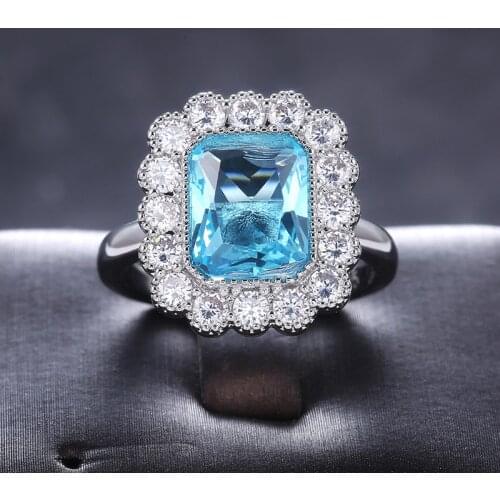 Gorgeous Female Light Sky Blue Wedding Rings Luxury Princess Aquamarine Engage Party Women Jewelry Shine CZ Stone Best Gifts