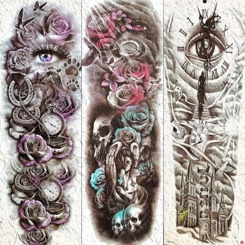 Long Flower Full Arm Temporary Tattoos For Women Men Summer Tatoos Death Skull Angel EYE Body Art Waterproof Fake Tattoo Sticker