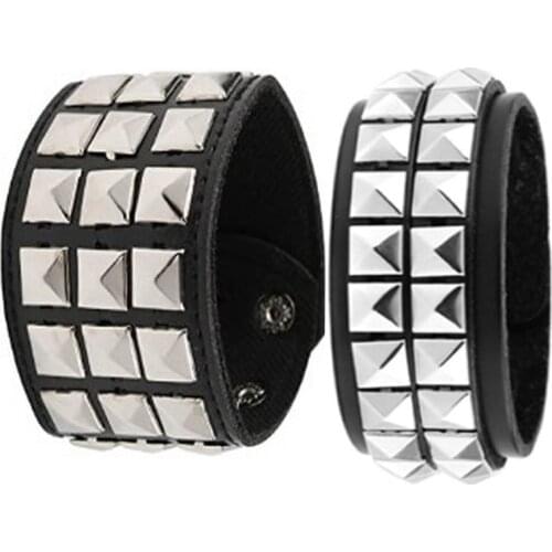 Punk Rivet Leather Bracelets Rock 2/3 Rows Square Nails Wristband Adjustable Size Bracelets & Bangle For Women Men Hand Jewelry