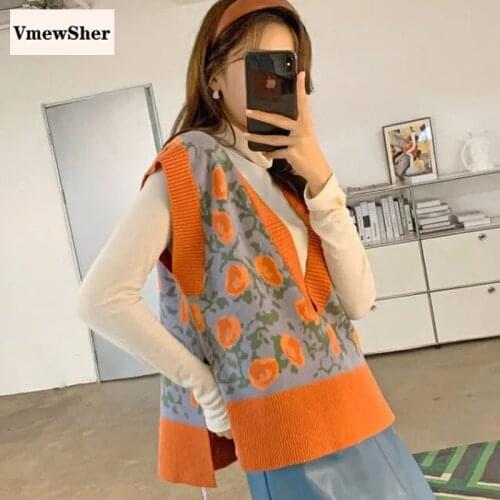VmewSher New Spring Irregular Floral Women Sweater Vest Fashion Deep V Neck Sleeveless Knitted Pullover Loose Autumn Jumper Tops