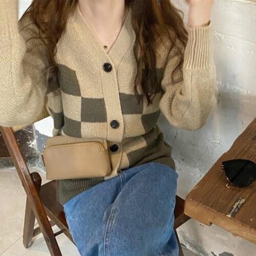 2020 Women Winter Vintage Elegant Plaid Sweater Coat V Neck Button Up Full Sleeve Knitted Cardigan Outerwear