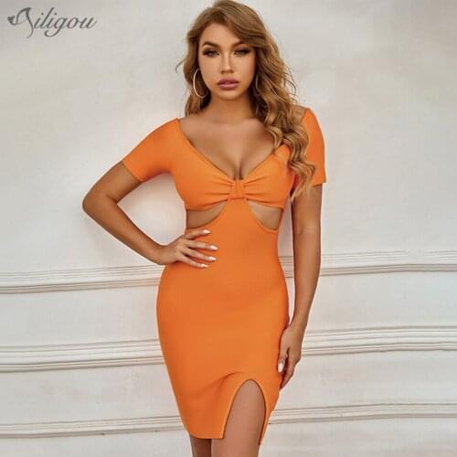 Ailigou Ladies Bandage Dress Vestidos Orange V-Neck Hollow Sexy Deep Thin Strap Sleeveless Skinny Celebrity Club Party Dress