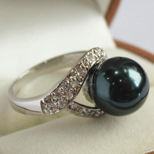 Ladys plated with crystal decorated &12mm black shell pearl ring(#7 8 9 10) 35