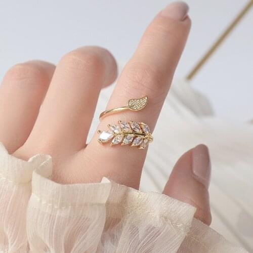 Ins Hot Sale 14K Real Gold Delicate Leaves Wedding Rings for Women Luxury Shining AAA Cubic Zircon Engagement Rings