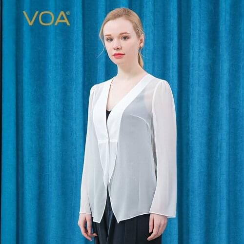VOA Silk Georgette V-neck Long Sleeve One Button Fold Light and Micro-transparent White Sunscreen Temperament Simple Coat WE97