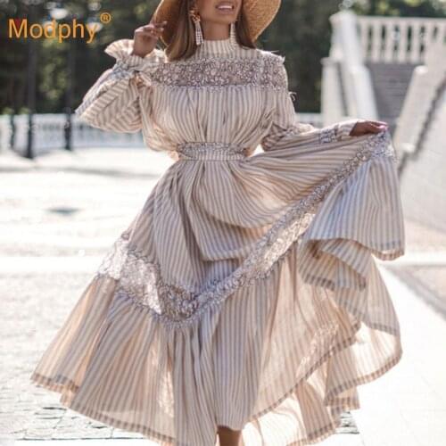 2020 Autumn New Style Striped A-Line Long Dress Sexy Stand Collar Lantern Sleeve Lace Stitching Party Retro Dress Vestidos