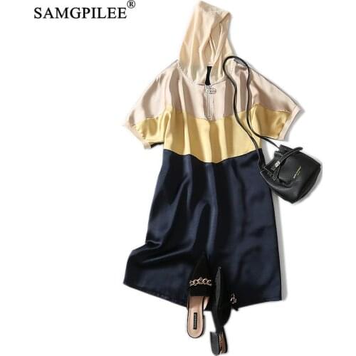 Summer Clothes For Women 2021 New Casual A-line Patchwork Short Sleeve Elegant Empire Hooded Collar Korean Dresses For Woman