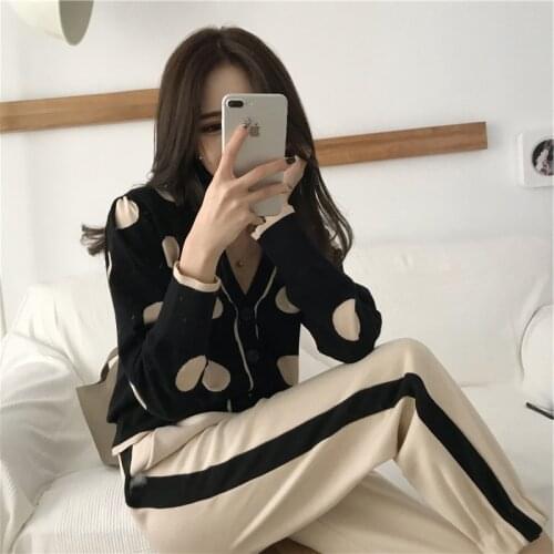 2020 Winter Autumn Knitted Sweater Suit Two Piece Set Women Outfits Comfortable Dot Printed V Neck Cardigans with Pants