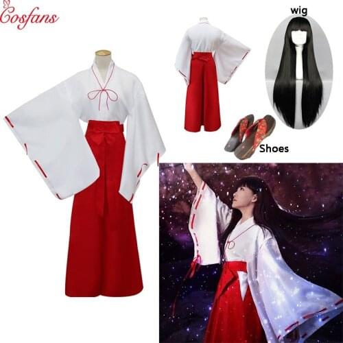 10PCS Inuyasha Kikyou Cosplay Dress Costumes Kikyo Wigs Women men Japanese Kimono Set wig Hair Christmas Halloween gift 2019