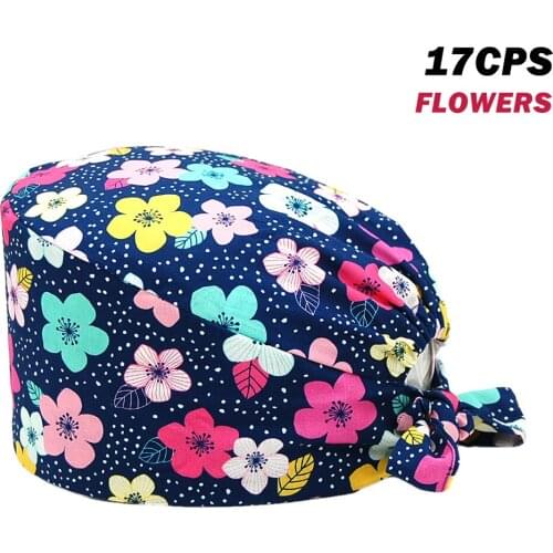 100% Cotton Scrub Hats Unisex Floral Printing Health Care Workers Adjustable Working Nursing Hat Beauty Salon Nurse Scrubs Caps