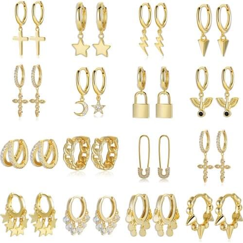 925 Sterling Silver Tiny Cuba Chain Hoop Earrings for Women Cubic Zirconia Moon Star Cross Pendant Hoops Huggie Brincos 2021