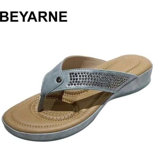 BEYARNEFashion Rhinestone Women Slippers Outdoor Casual Beach Flip Flops New Summer Shoes Female Wedges Slides Ladies Sandals