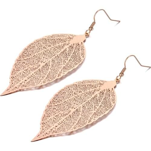 Bohemia Titanium Stainless Steel Hollow Plant Leaves Earrings Jewelry Rose Gold Dangle Earrings For Women Girls E19243