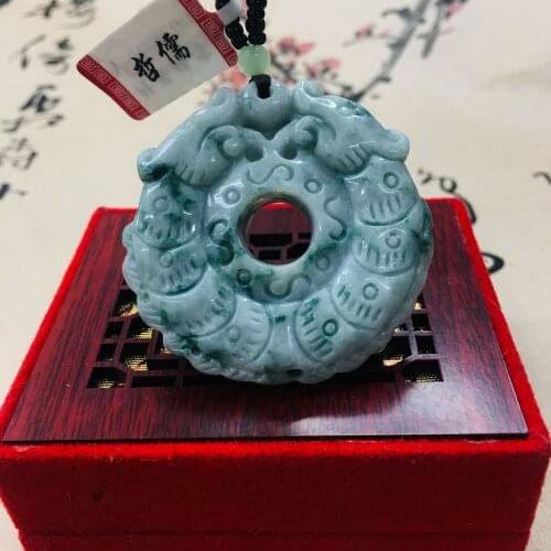 Zheru pure natural Jadeite carved two-color hollow double unicorn pendant with green bead chain sweater chain Send A certificate