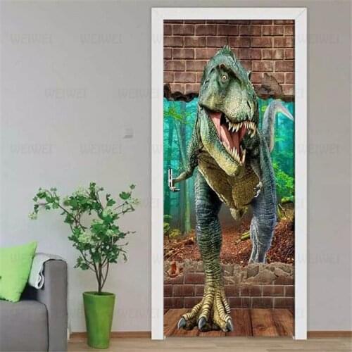 Door Stickers 3D Dinosaur Breaking Wall Living Room Bedroom Door Wallpaper PVC Self Adhesive Wall Decals Imitation Wall Sticker