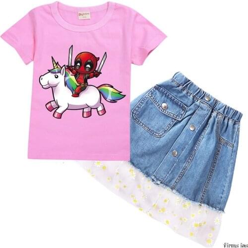 Deadpool Children summer girls cotton short sleeve T-shirt denim skirt set 2PCS Outfits Clothing Set Suit Children
