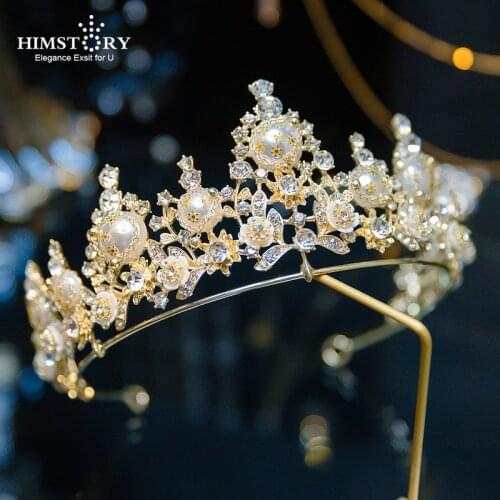 HIMSTORY Luxury Rhinestone Big Pearl Wedding Queen Hair Crown Bridal Tiaras Princess Gold Prom Diadem Wedding Hair Jewelry