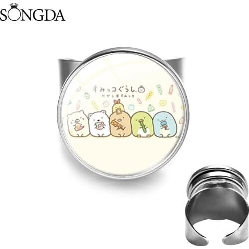 Handmde Cartoon Sumikkogurashi Sumikko Ring Good Quality Art Pattern Anime Resizeable Round Glass Rings For Kids Girls Jewelry
