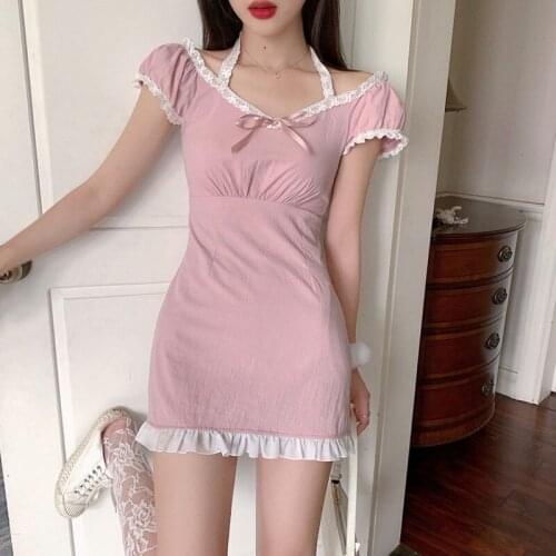 Lace Pink Girls Dress Waist Hugging Slimming French Dress Summer 2021 New Style Temperament Dress