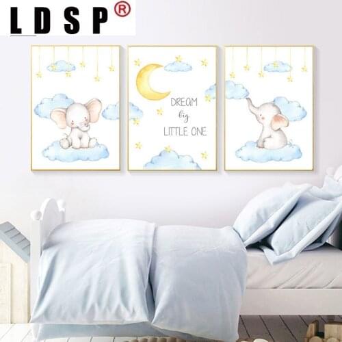 LDSP Cartoon Blue Elephant Moon Star Cloud Canvas Painting Wall Art Print Poster Picture Modern Baby Kids Bedroom Home Decor
