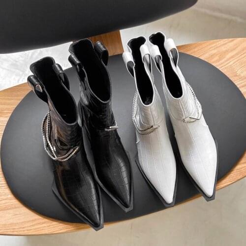 Fashion Womens Mid-calf Boots Pointed Toe Metallic Chain Zipper Side Shoes Snake Skin Pattern J77