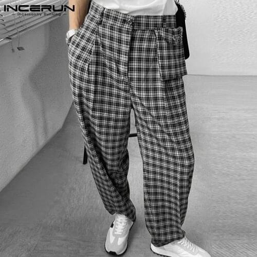 2021 Men Plaid Pants Streetwear Button Pockets Joggers Vintage Straight Trousers Baggy Casual Pantalones Hombre S-5XL INCERUN