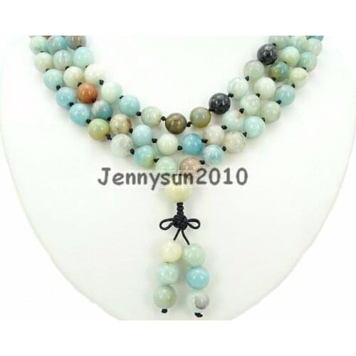 Natural Multi-Colored Amazonite 10mm Gems Stone Buddhist 108 Beads Prayer Mala Knot Necklace Multi-Purpose 5Strands/Pack