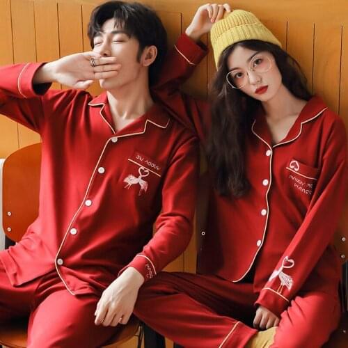 Newlywed Couple Pajamas Long-sleeved Cotton Spring and Autumn One Man and One Woman Wedding Festive Red Home Service Suit