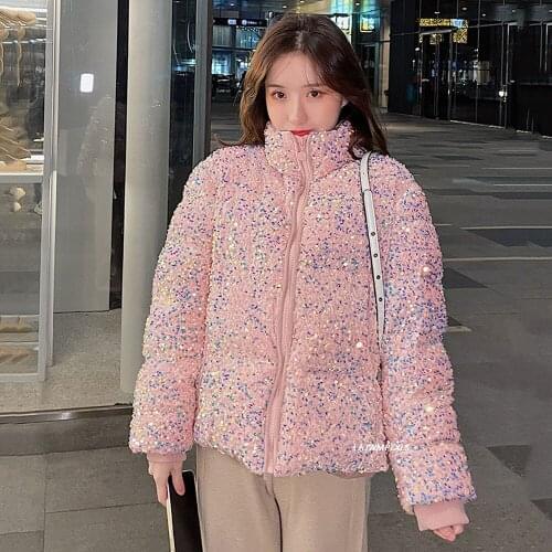 2021 Full Sequins Winter Down Jacket Women Hooded Parkas Fashion Zipper Loose Plu Coat Thick Warm Overcoat Winter Feather Coat