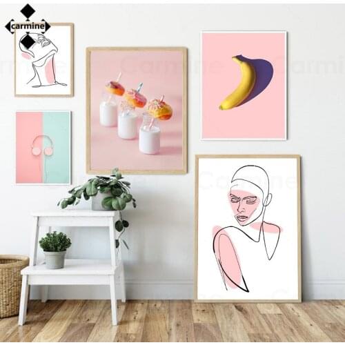 Pink Nordic Canvas Painting Milk Fruit Art Posters Minimalist Line Figure Paintings Wall Posters for Home Interior Bedroom Decor