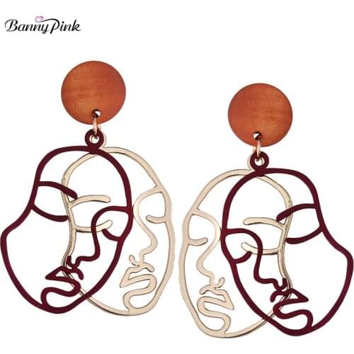 Banny Pink New Punk Double Face Pendant Studs Earrings For Women Gift Chunky Mojo Wood Post Earrings Fashion Jewelry Pendientes