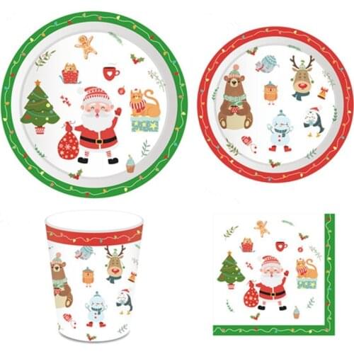 Merry Christmas Santa Claus Paper Plates Cups Napkin Disposable Tableware Xmas Party New Year Event Home Decor Supplies