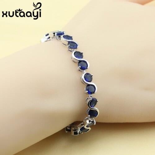 Made in China Classy Blue Cubic Zirconia , Silver Adjustable Chain-Link Bracelet Women Fashion Health Length 18+3cm