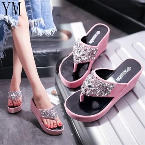 Womens Flip-flops With Thick-soled Platform Shoes Sequins Slippers Outdoor Beach Femal Shoes Slippery Foot Drag Sandals 35-39