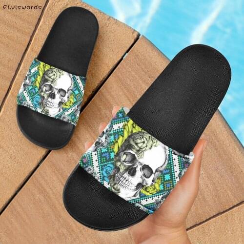 ELVISWORDS Summer Indoor Slippers for Women Gothic Sugar Skull Flowers Print Bathroom Non-slip Soft Sandals Slides Zapatos Mujer