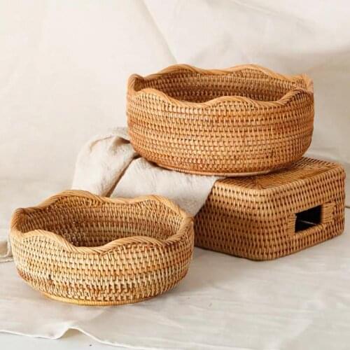 Fruit Plate Dessert Stand Tray Sundries Basket Round Rattan Woven Storage Basket Fruit Bread Food Kitchen Home Decor Organizer