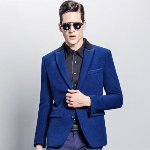 Antszone High Quality 2015 Men 60% Wool Warm Winter Super Slim Blue Casual Business Wedding Groom Retro Gentle Suits Blazers 2XL