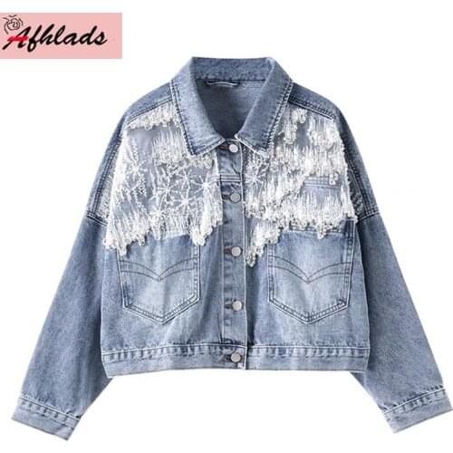 Beaded Embroidery Hollow Out Mesh Denim Jacket Womens Spring Loose Coats Spring High Quality Luxury Single-Breasted Outerwear