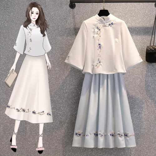 Plus Size 5XL Chinese Style Womens Skirts Suit 2021 Summer New Retro Embroidery Blouse Improved Hanfu Skirt Two-piece Set aq614