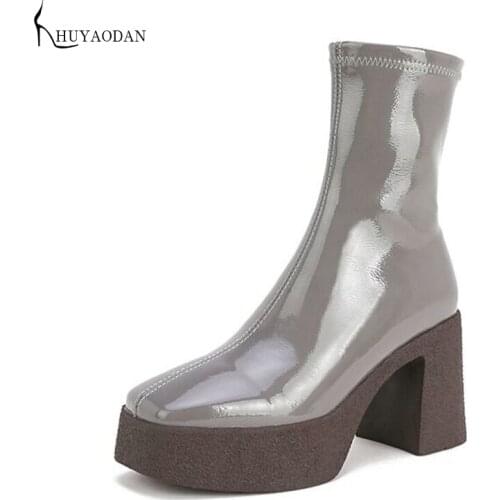 Woman‘s Ankle Boots 2020 New Autumn Square Heel Zipper Winter Leather Boots Fashion Shoes High Heels Platform Short Boots 34-40