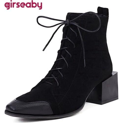 Girseaby 2021 Designer Fashion Ankle Boots for Women Demin Pointed Toe Middle Square Heel Lace Up Blue Yellow Size 48 S2446