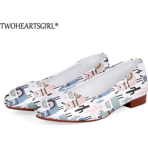 Twoheartsgir Womens Casual Flats Luxury Brand Shoes Kawaii Alpaca Llama Print Loafers Female Flat Boat Shoes White Wedding Shoe