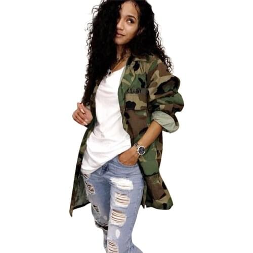Womens Green Camouflage Long Jackets Plus Size Long Sleeve Camo Streetwear Coat femme