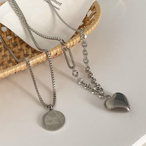 VSnow Creative Double Layer Titanium Steel Love Heart Asymmetric Pendant Necklace for Women Coin Medallion Necklace Jewelry