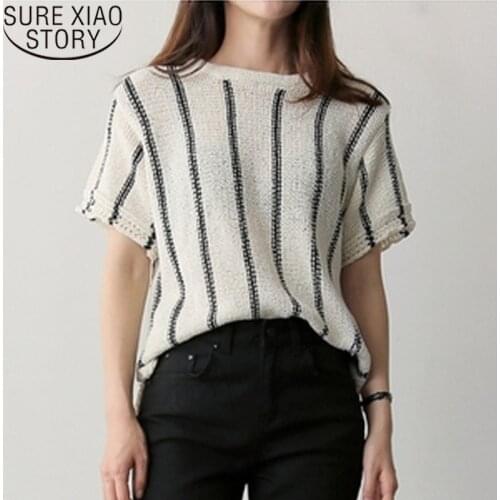 2021 Summer New O-Neck Striped Women shirt Simple Slim-Fit Knitted Short Sleeve Blouse Women All-match Fashion Tops 8789
