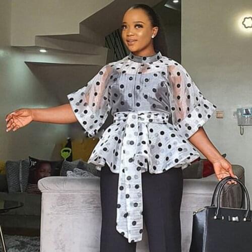 2021 Spring Womens Sexy Perspective Organza Blouses Female Lace-up Bow Plus Size Blouse Polka Dot Mesh Shirts White Tops Blusas