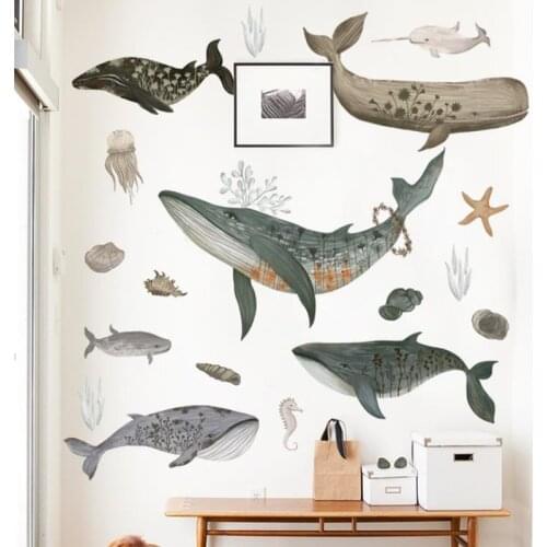 Watercolor Painted Sea Whale Wall Stickers Kids Bedroom Living Room Bathroom Glass Decoration Ocean Fish Mural Decals