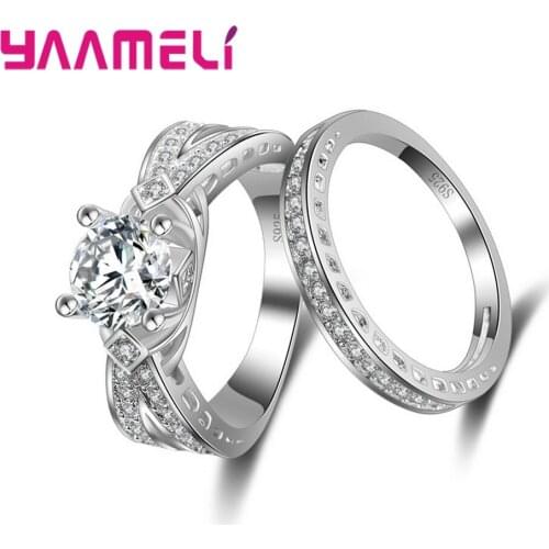 Elegant Wedding Rings Set For Lovers Jewelry 925 Sterling Silver White Cubic Zircon Crystal Bridal Jewelry Couple Rings