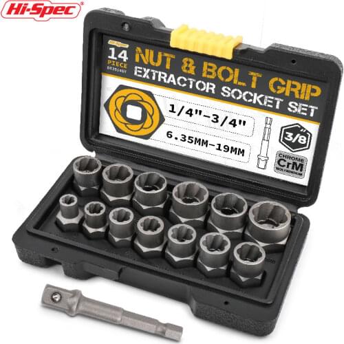 Hi-Spec 14pc Damaged Bolt Extractor Cr-Mo Steel Nut Screw Remover Threading Socket Tool Hand Tool Kit 6.35 -19m in Tool Box
