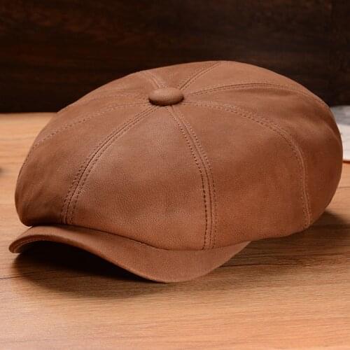 Sheepskin Hat Mens Thin Spring and Autumn Retro New Painter Cap Beret Genuine Leather Octagonal Hats for Men